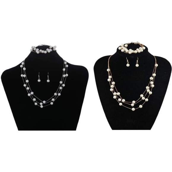 Faux Pearl Choker Gold Silver Layered Necklace Earring Bracelet Set for Women - Picture 2 of 4